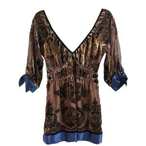 HALE BOB Velvet Silk Beaded Sheer Ribbon Empire Waist Top Blouse Fairycore Sz S